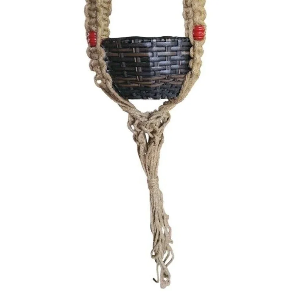 70s Macrame Thick Jute Plant Hanger 72” Long Natural Brown Boho Chunky Red Beads